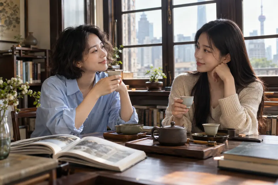 城市茶席场景：年轻女性在桌边阅读与交流，桌上摆着茶具